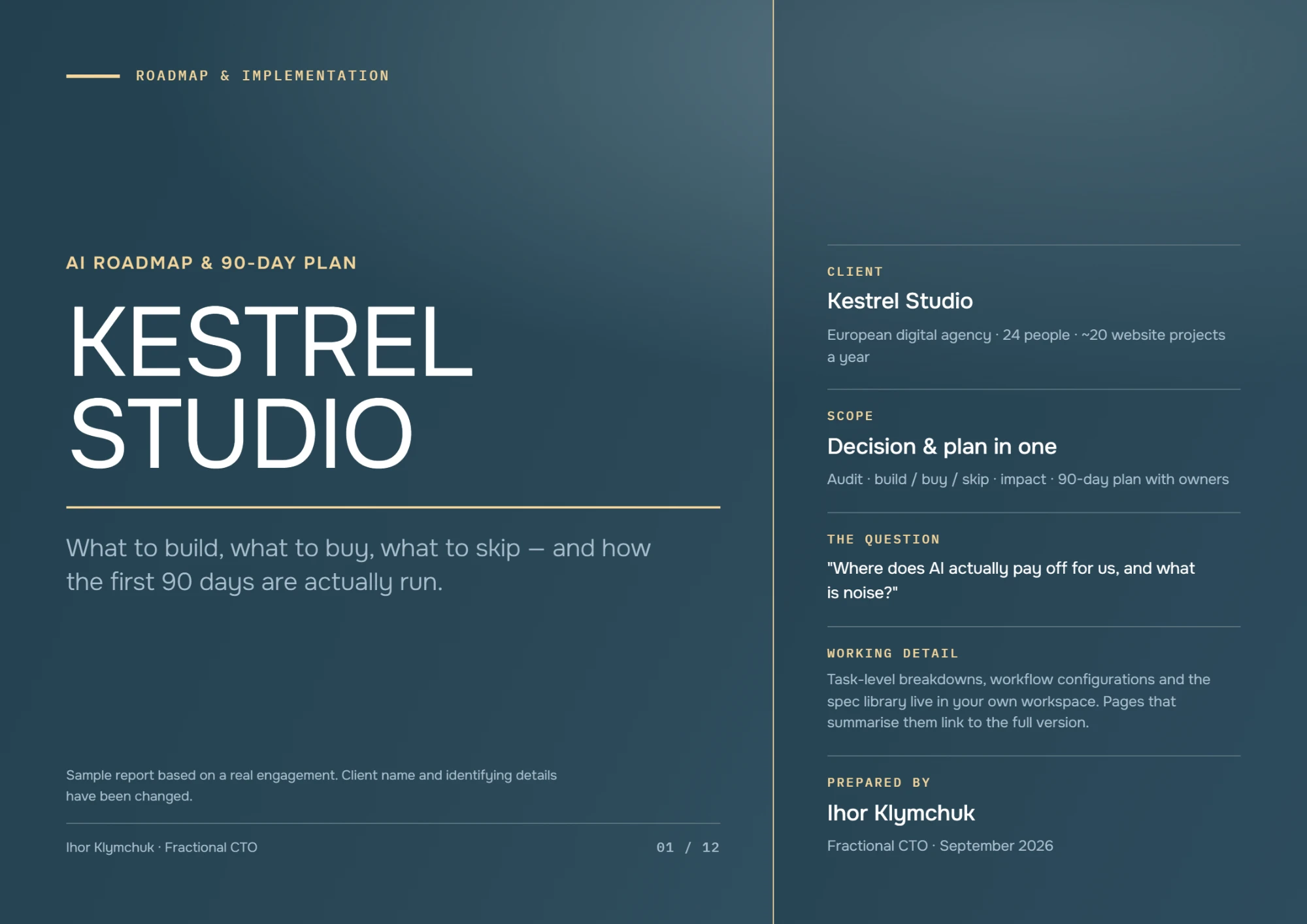 Sample report cover: Kestrel Studio, AI Roadmap & 90-Day Plan