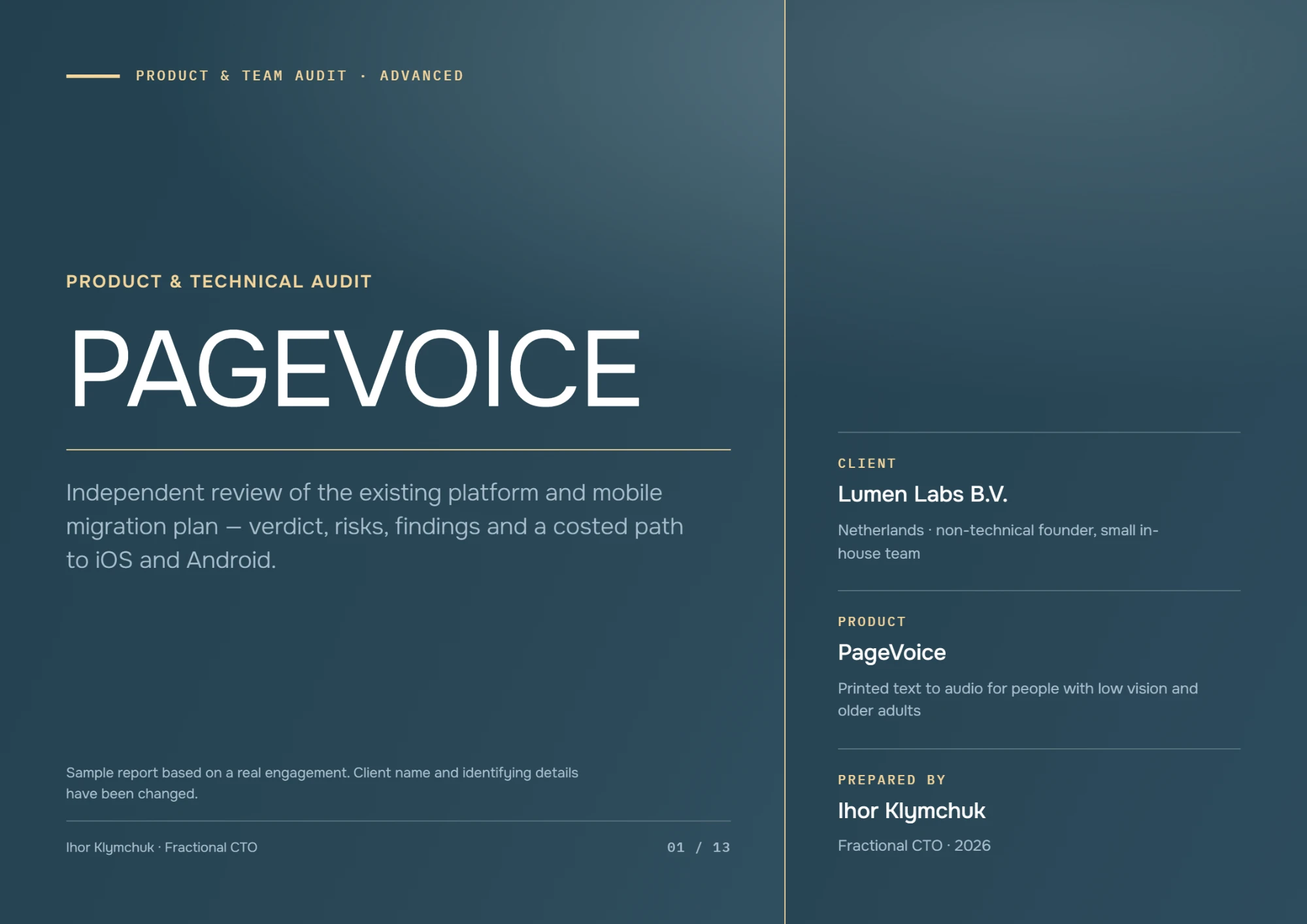 Sample report cover: PageVoice, Product & Technical Audit