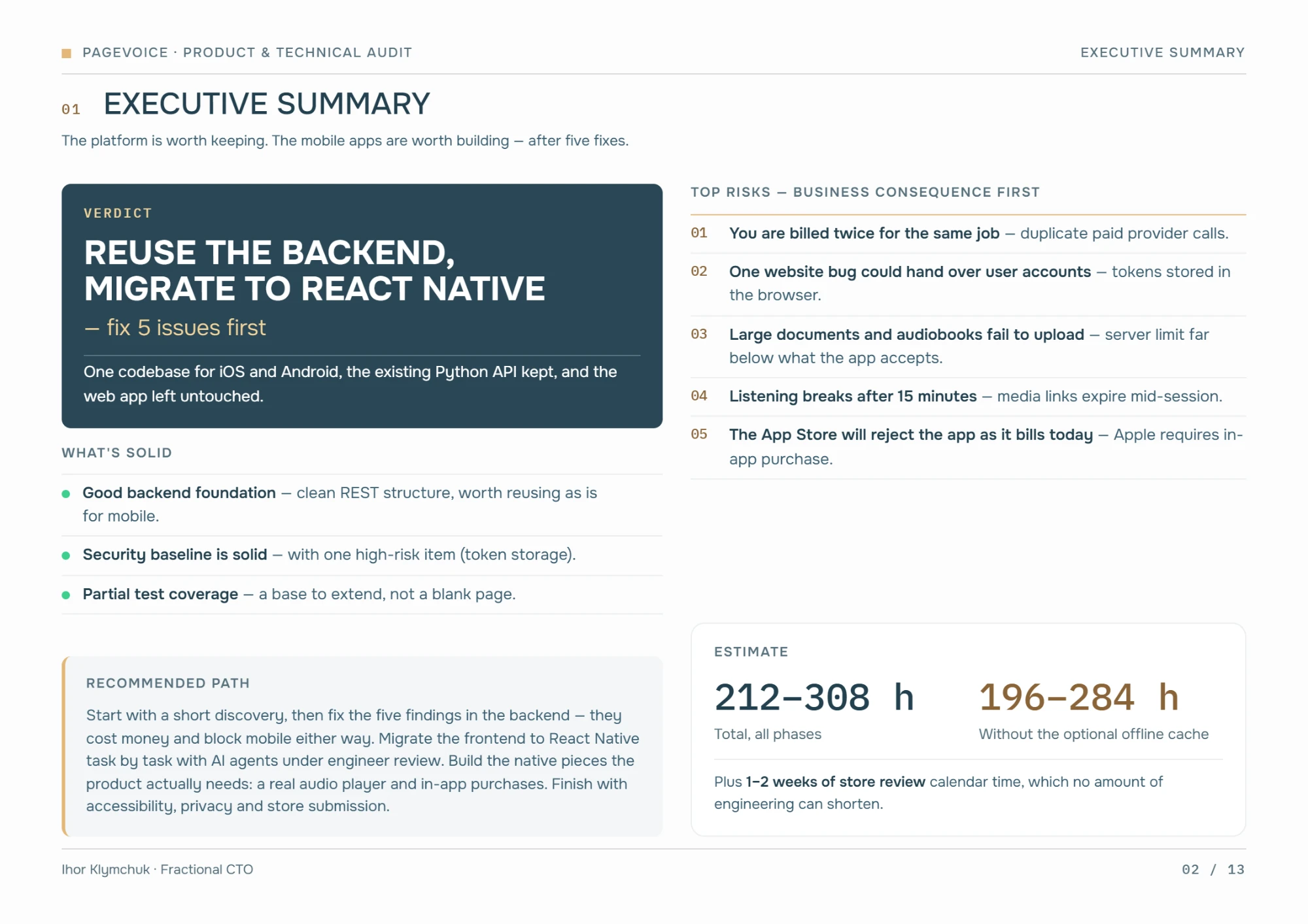 Sample report page: executive summary with the verdict to reuse the backend and migrate to React Native after five fixes, top risks and the estimate